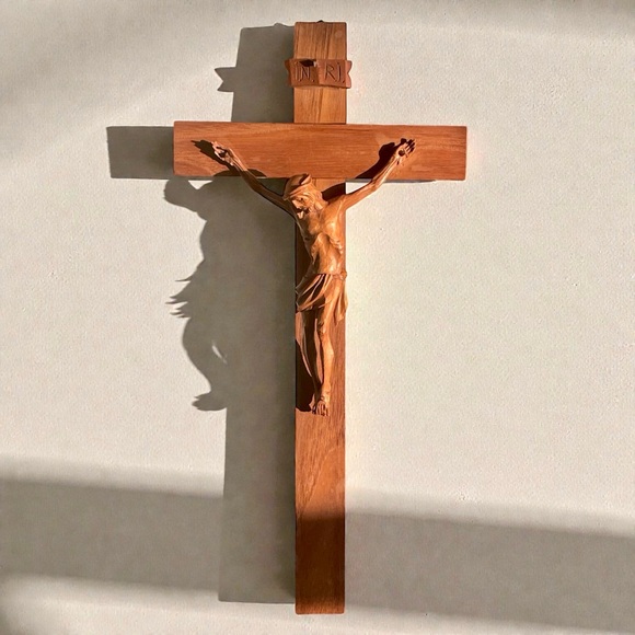 Antique ANRI 15” Hand Carved Wood Crucifix Jesus Wall Cross Sculpture Italy